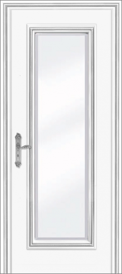 межкомнатные двери  Дариано Родос с фацетом эмаль белая патина серебро