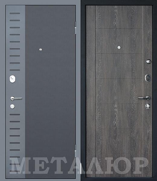 стальные двери  Металюр М28 чёрный бархат-серый металлик/дуб шале графит